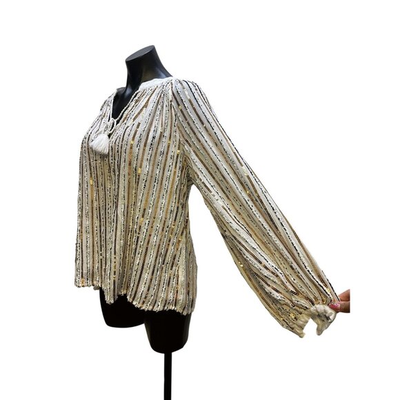 Jade by johnny Was Sequin-Striped Long-Sleeve Blouse w/Tassel Tie Neckline - Picture 5 of 8